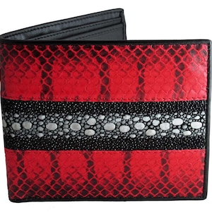 Cartera de piel de serpiente y raya → Cartera de piel de serpiente roja con raya de Pearl Row → Cartera auténtica de piel de serpiente y raya