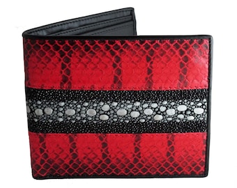 Cartera de piel de serpiente y raya roja → Piel de serpiente con interior de raya y becerro Pearl Row