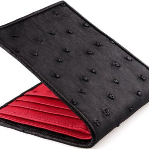 Cartera de avestruz negra → Cartera de piel auténtica de avestruz → Cartera de piel de avestruz negra con interior de avestruz rojo → Cartera de pluma de avestruz