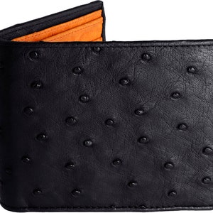 Cartera de avestruz → Cartera de cuero de avestruz real → Cartera de pluma de avestruz en negro y naranja → Carteras de piel de avestruz para hombre