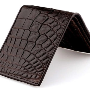 Side Angled View of Alligator Leather Wallet Mens Classic Wallet In Brown With Matching Brown Gator skin Interior