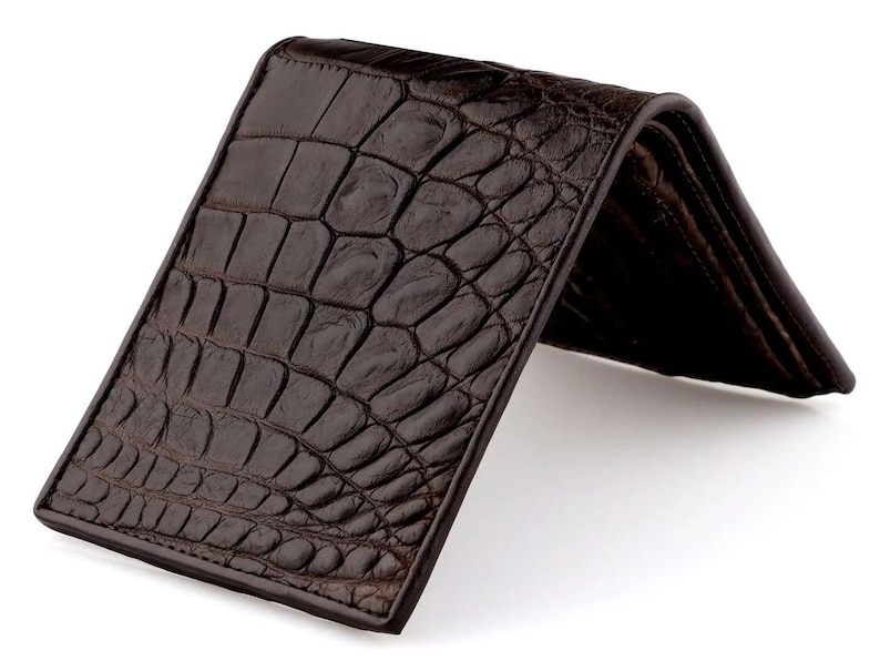Side Angled View of Alligator Leather Wallet Mens Classic Wallet In Brown With Matching Brown Gator skin Interior