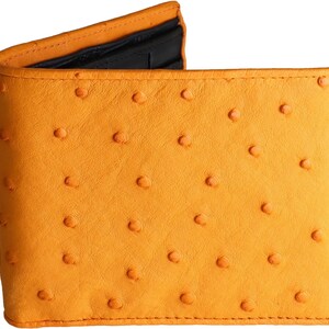 Cartera de avestruz → Cartera de piel auténtica de avestruz → Cartera de piel de avestruz naranja → Cartera de piel de avestruz mandarina con interior de piel de caimán negra