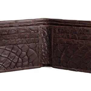 Interior View of Alligator Leather Wallet Mens Classic Wallet In Brown With Matching Brown Gator skin Interior