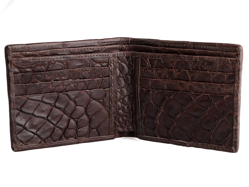 Interior View of Alligator Leather Wallet Mens Classic Wallet In Brown With Matching Brown Gator skin Interior