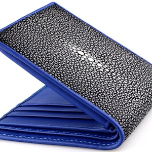 Cartera Stingray negra Interior azul→ Cartera de piel de raya real → Cartera de cuero exótico Stingray negra con interior de piel de becerro azul