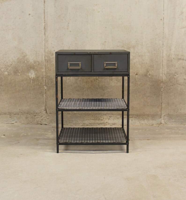 Side Table Vintage Two Wide Drawer Grey Card Catalog With Rebar Legs And Mesh Shelves