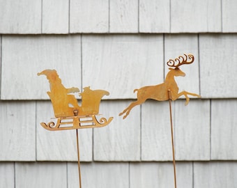 Metal Santa in Sleigh with Single Reindeer Set - Garden Art