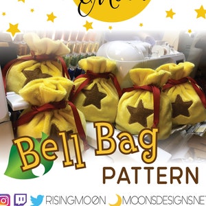 Puede incluir: Un patrón de costura para una bolsa de campana amarilla con una cinta roja y una estrella marrón. El patrón se llama "Bell Bag Pattern" y es de "Patterns by Moon".