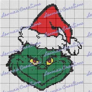 May include: A green Grinch wearing a red Santa hat. The Grinch has a mischievous expression with yellow eyes and a wide mouth. The image is pixelated and resembles a cross-stitch pattern.