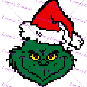 May include: A green, pixelated Grinch wearing a red Santa hat. The Grinch has yellow eyes and a mischievous expression.