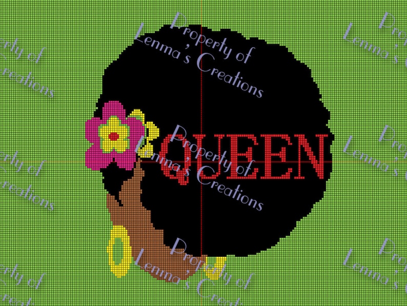 Pu&ograve; includere: Illustrazione in bianco e nero di una donna con un'acconciatura afro che indossa un fiore rosa. Il testo "Property of Lenma's Creations" &egrave; scritto in viola e il testo "QUEEN" &egrave; scritto in rosso.