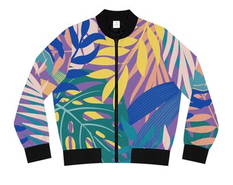 Women's Fit Black Collar Bomber Jacket with Purple Pink Peach Yellow Blue Green Print Tropical Leaves