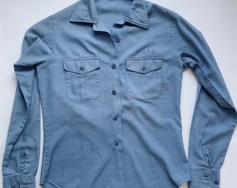 United States US Navy Short Sleeve Denim Button Shirt Cotton Embroidered XL Blue 