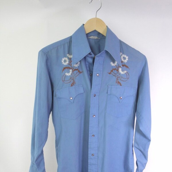 Vintage Embroidered Pearl Snap Western Shirt - Blue White Tan - Slim Fit Sz S/M