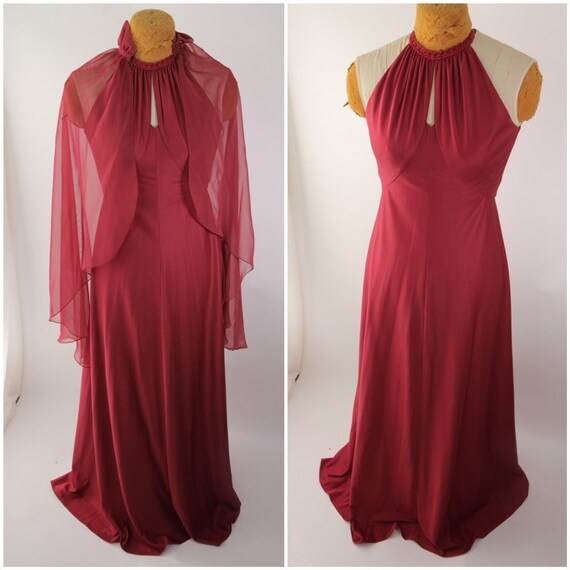 70s Polyester High Neck Keyhole Gown with Sheer Ca
