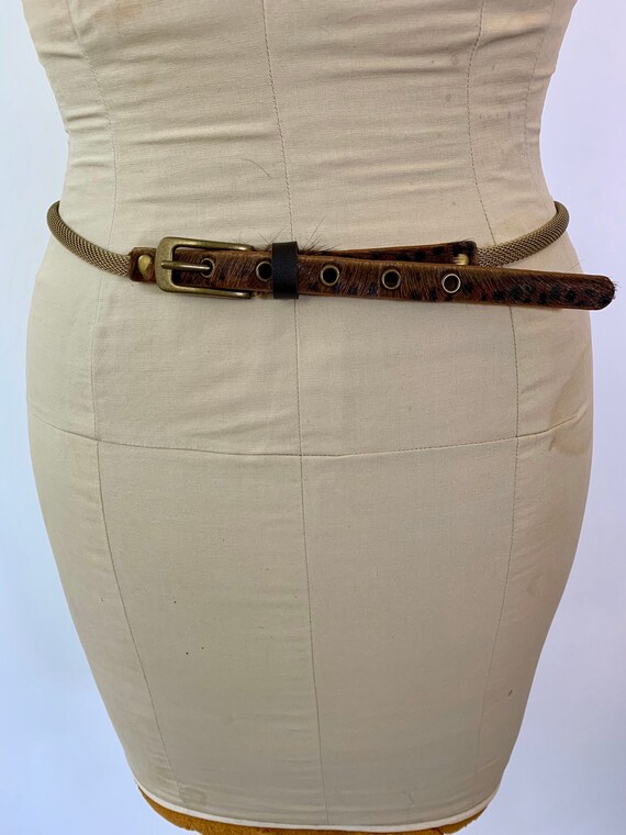 Gold Brass Chain Skinny Belt Animal Print Hide Fur