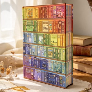 May include: A rectangular storage box featuring a printed design of a multi-tiered bookshelf filled with colourful books arranged in a rainbow gradient. The box has a vertical orientation and displays various book spines in shades of red, orange, yellow, green, blue, and purple across its front and side panels.