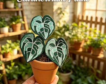 Caladium Clarinervium Plant :Handmade Embroidered Potted Plant Ornament | Mini Faux Botanical Desk Decor