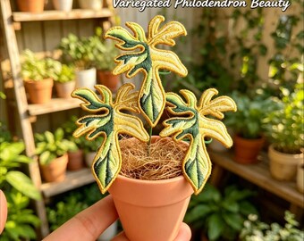 VariegatedPhilodendron Beauty Plant :Handmade Embroidered Potted Plant Ornament | Mini Faux Botanical Desk Decor