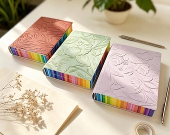 3D Embossed Floral Journal, Rainbow Edge Notebook, Pocket Size Sketchbook