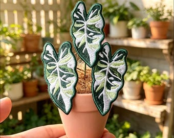 Alocosia Frydek Variegated Plant :Handmade Embroidered Potted Plant Ornament | Mini Faux Botanical Desk Decor