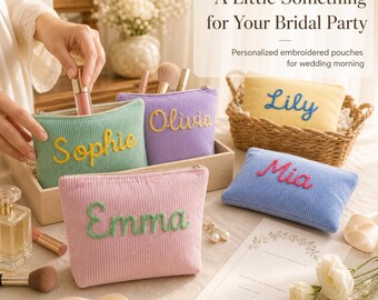 Personalized Bridesmaids' Makeup Bag ,Seersucker Storage Chenille Name Cosmetic Pouch Travel Toiletry Bag Wedding