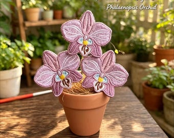 Phalaenopsis Orchid Plant :Handmade Embroidered Potted Plant Ornament | Mini Faux Botanical Desk Decor