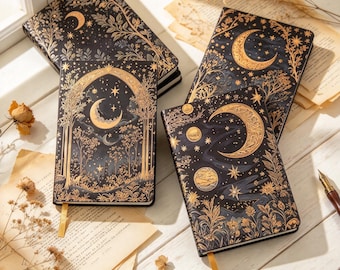 World Tree Celestial Hardcover Journal, Gold Moon Star Book Edge Painting Notebook，Witchy Forest Diary,  Gift for Writers