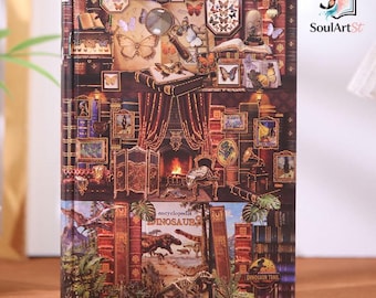 Vintage Natural History Museum 3-Side Edge Painted Journal, Dinosaur & Butterfly Curiosity Cabinet Hardcover Notebook