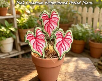 Pink Caladium Plant :Handmade Embroidered Potted Plant Ornament | Mini Faux Botanical Desk Decor
