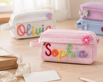 Personalized Corduroy Pencil Case Custom Name Embroidered Makeup Bag Cute Floral Zipper Pouch for School & Stationery