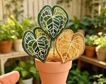Philodendron Clarinervium Plant :Handmade Embroidered Potted Plant Ornament | Mini Faux Botanical Desk Decor