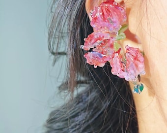 Handmade Glass Earrings Lampwork Flower Jewelry, Botanical Glass Band, Unique Floral Statement Nature Inspired Gift for Her