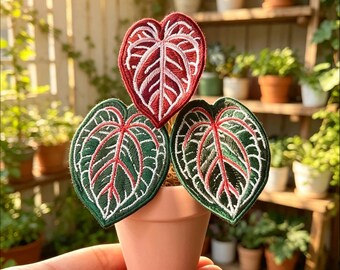 Red Crystal Plant :Handmade Embroidered Potted Plant Ornament | Mini Faux Botanical Desk Decor