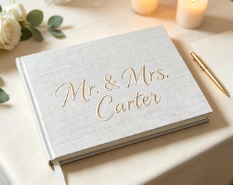 Custom Linen Wedding Guest Book, Embroidered Logo, Hardcover Memory Keepsake