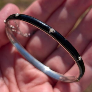 ANTIQUE Solid Silver Victorian Black Enamel Pearl Hinge Cuff Bangle Bracelet