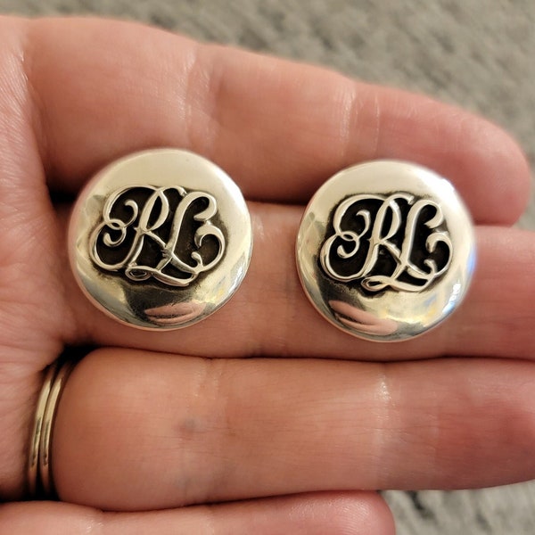 VINTAGE Ralph Lauren Collection Sterling Silver circa 80s 90s Runway 925 Post Pierced Coin Round Monogram Earrings