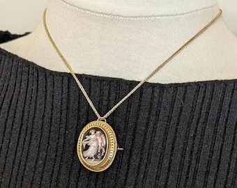 ANTIQUE 15k 6.5g Solid Gold Enamel Brooch Pendant: Victorian Cupid & Erato Miniature