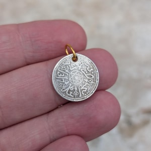ANTIQUE 18k Solid Gold Bail Moroccan Silver Coin Pendant: Seal of Solomon Charm
