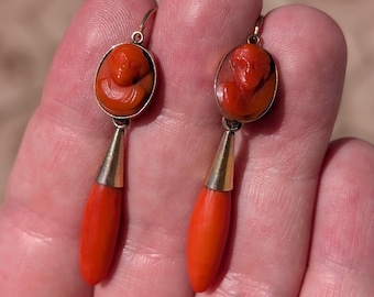 ANTIQUE 10k Solid Gold Georgian Coral Cameo Earrings: Top & Drop aka Day to Night