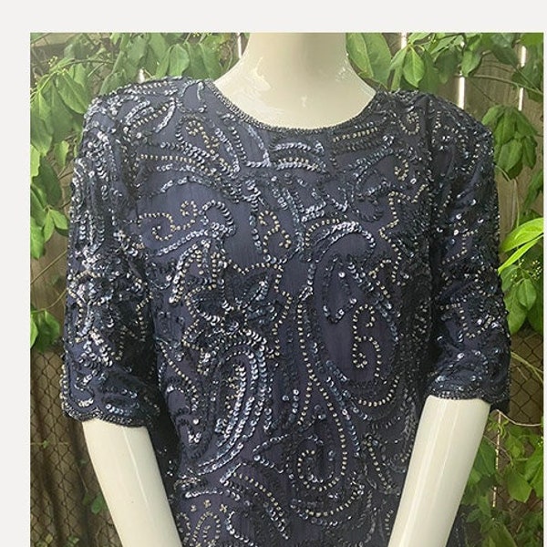 Vintage Sequin Top Michel Antoni Size 1X Lined / Silk / Beaded / Short Sleeve / Scalloped Edge at Hem and Sleeves/ Navy Blue Evening Top