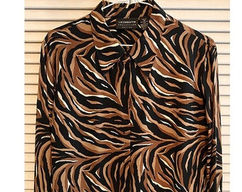 Vintage Silk Shirt Womens Animal Print Blouse Size 10 Petite Liz Claiborne Collection