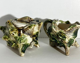 Mid Century Conch Shell Cream and Sugar Set Kitschy Green Tones Seashells Creamer and Sugar with Lid