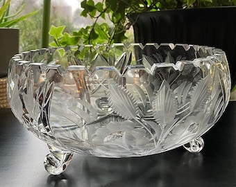 Large Footed Cut Crystal Serving Bowl with Notched Edges and Alternating Etched Floral Design