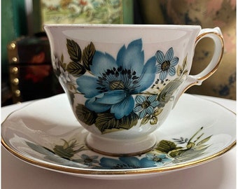 Vintage Tea Cup and Saucer Queen Anne Bone China Blue Clematis Made in England