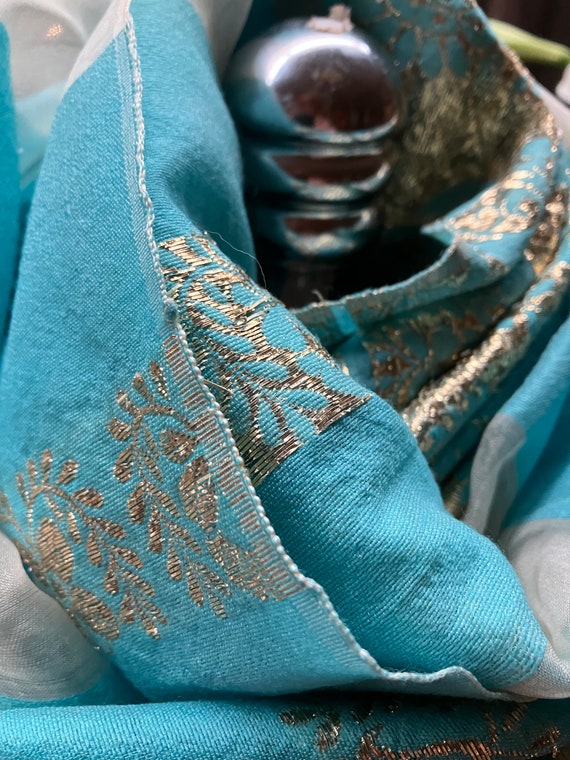 Vintage Samuli Wrap Scarf Silk and Wool Turquoise… - image 10