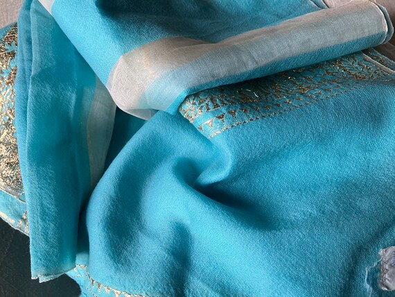 Vintage Samuli Wrap Scarf Silk and Wool Turquoise… - image 7