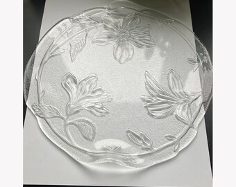 Vintage 90s Glass Cake Platter with Flower Design