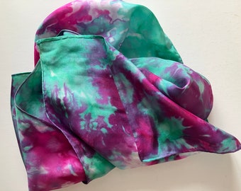 Vintage 80s Silk Hand Painted Long Scarf Greens and Pinks